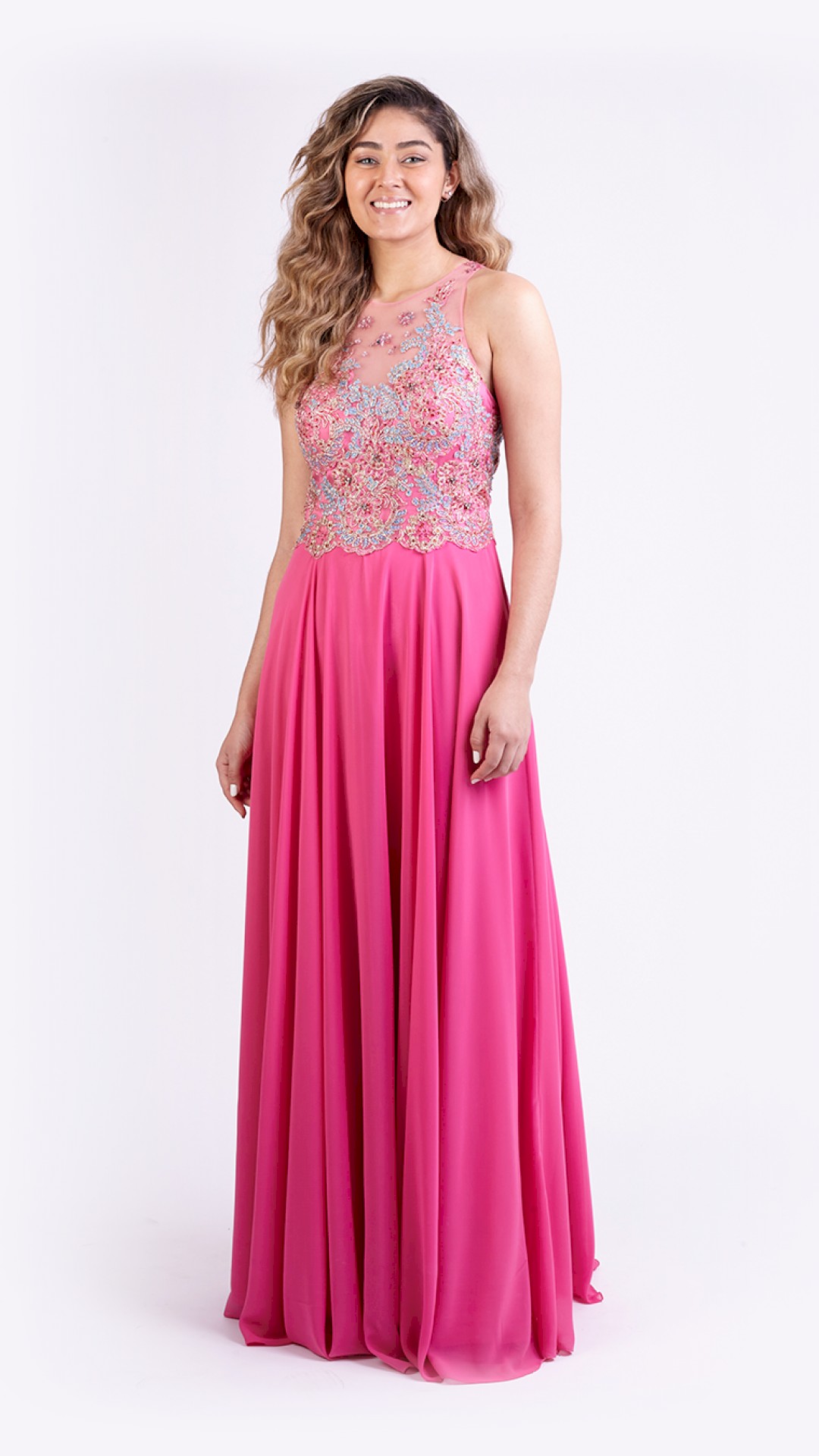 VESTIDO LONGO VOAL STRASSS NO BUSTO 