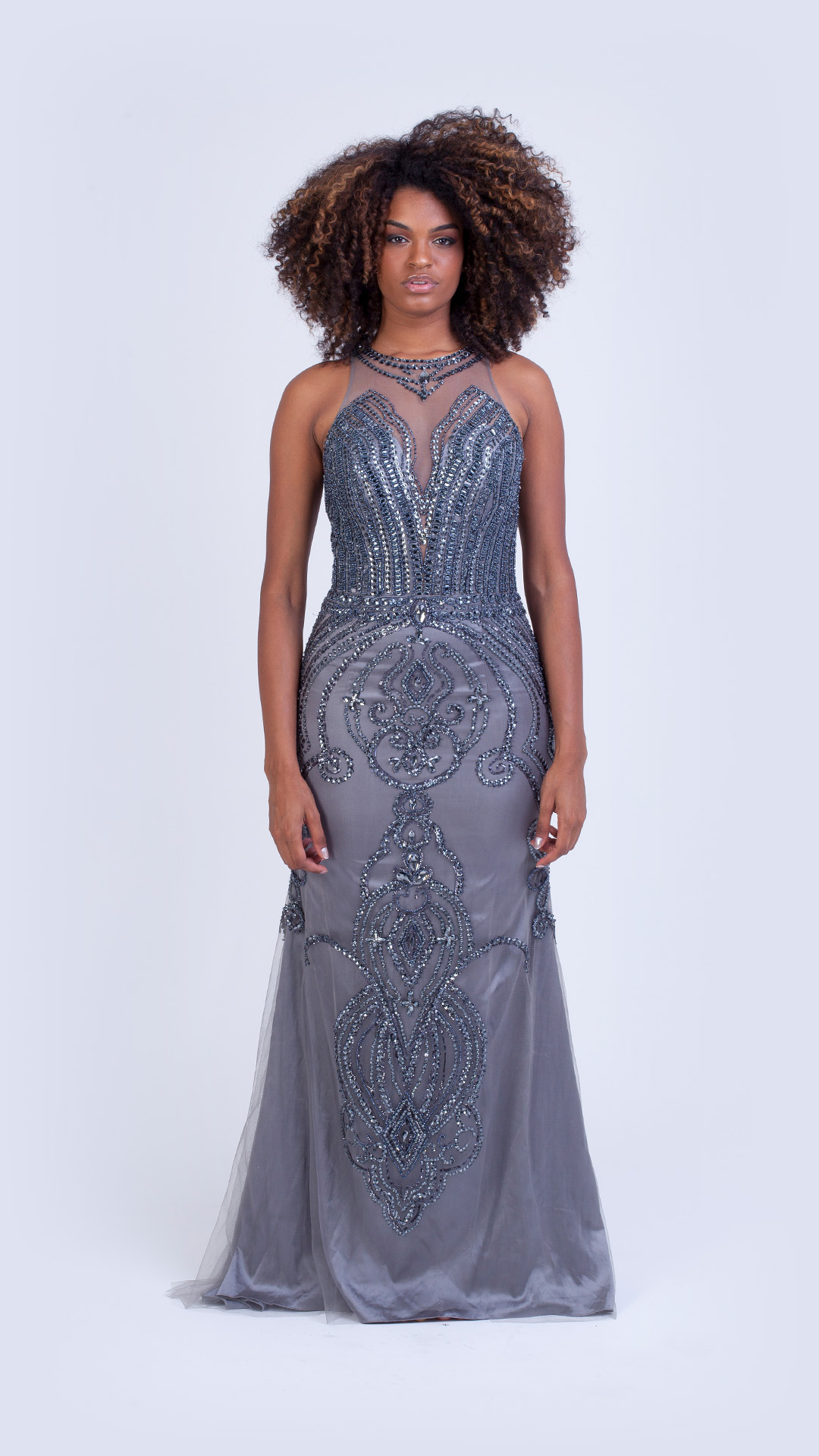 VESTIDO LONGO PEDRARIA GOLA ALTA