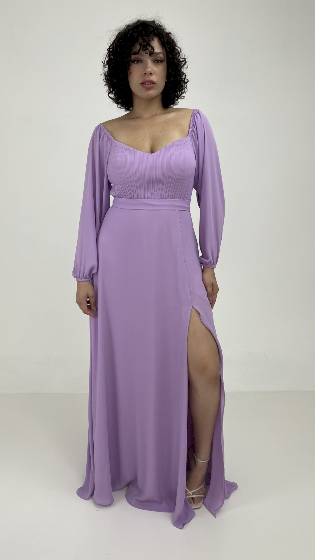 VESTIDO LONGO MANGA LONGA BUSTO PLISSADO 