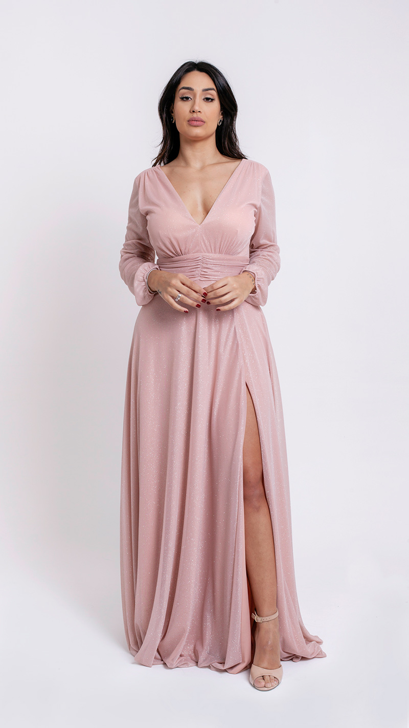 VESTIDO LONGO LUREX MANGA LONGA E FAIXA NA CINTURA 
