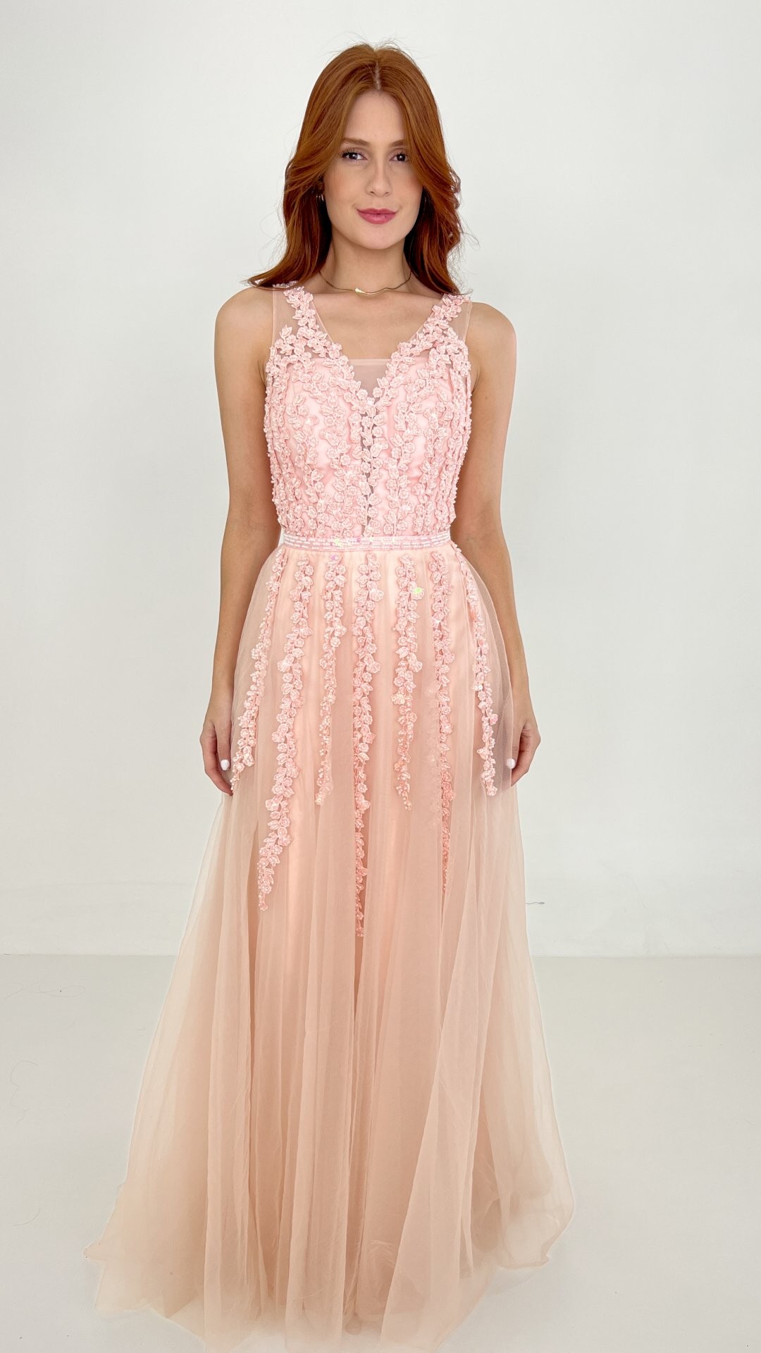 VESTIDO LONGO DE TULE COM CINTO E GRIPPIR