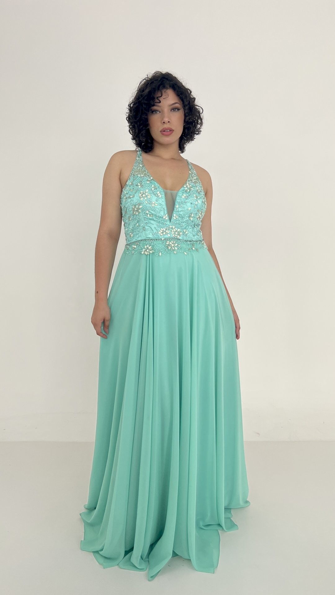 VESTIDO LONGO VOAL COM PEDRARIA