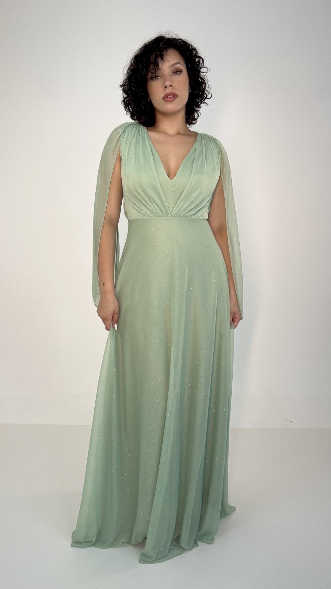 VESTIDO LONGO LUREX COSTAS ABERTA MANGA SOLTA