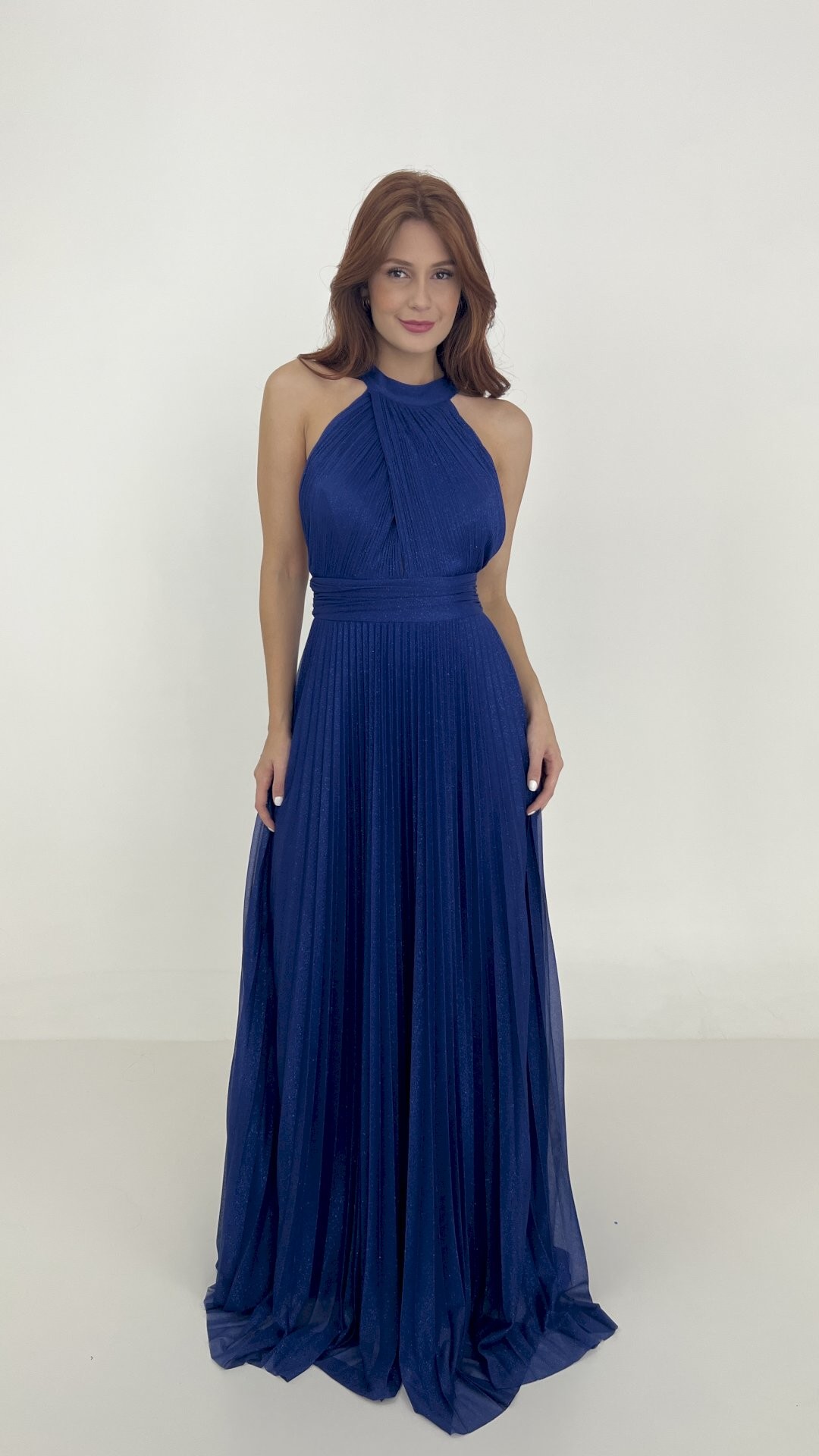 VESTIDO LONGO LUREX GOLA ALTA CRUZADA NAS COSTAS