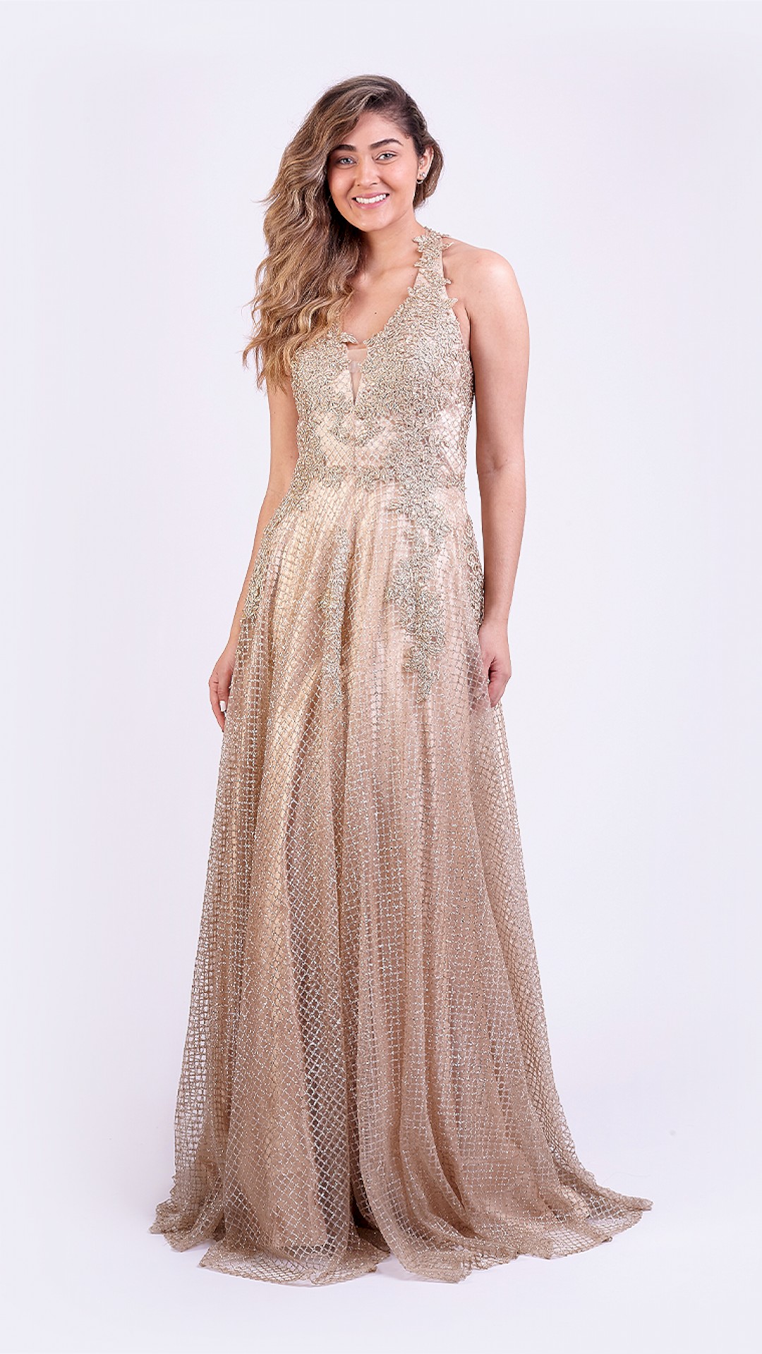 VESTIDO LONGO FRENTE UNICA COM GLITER E GRIPPIR NO CORPO