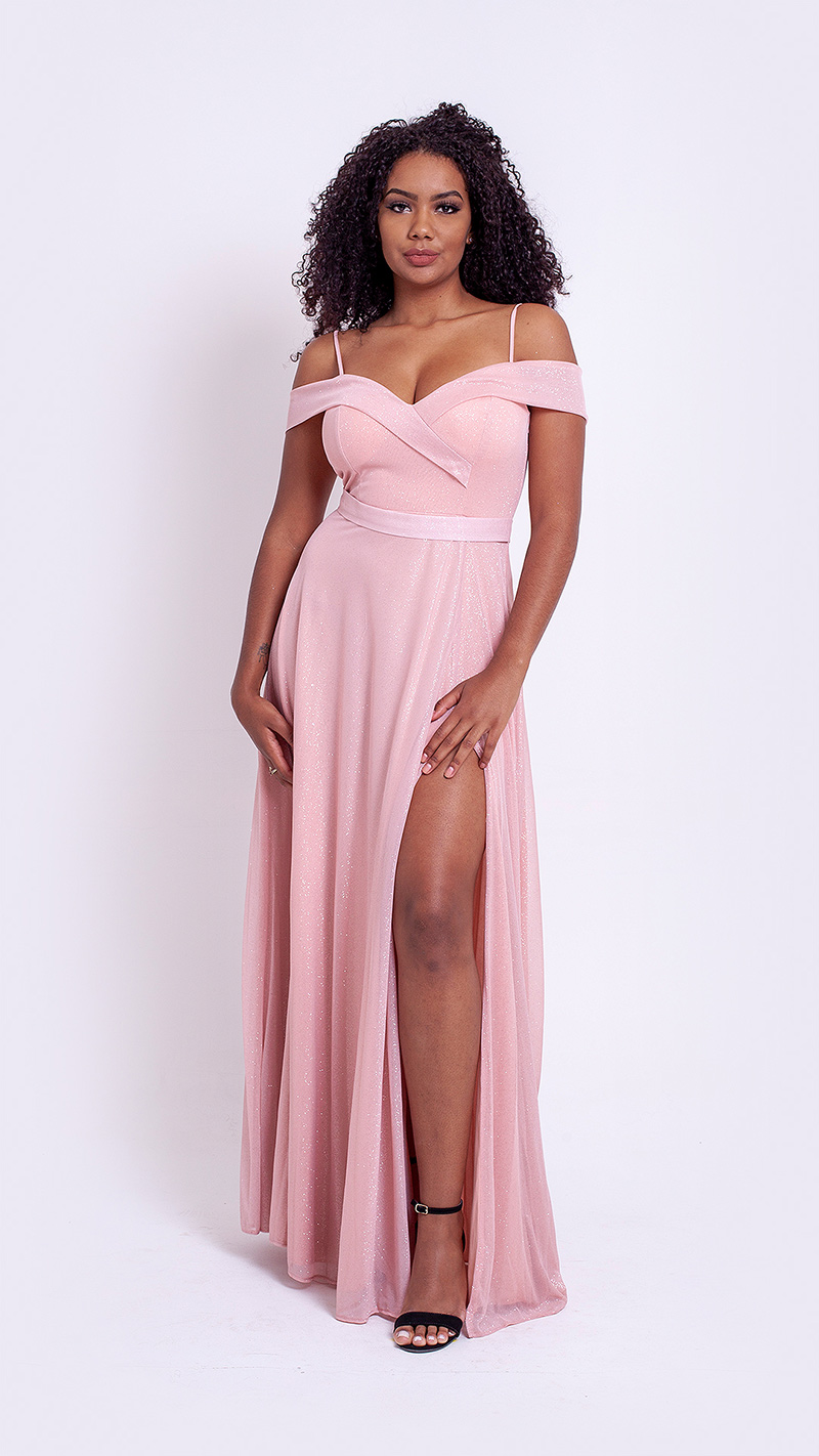 VESTIDO LONGO LUREX OMBRO A OMBRO E COM FENDA