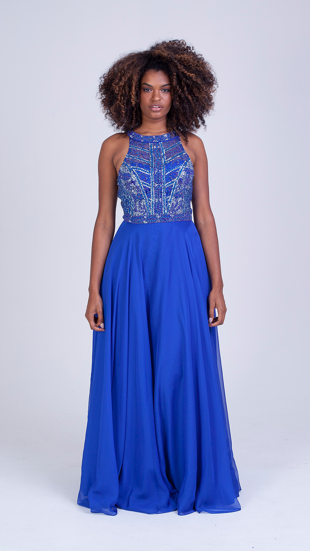 VESTIDO LONGO VOAL GOLA ALTA E COSTAS ABERTA