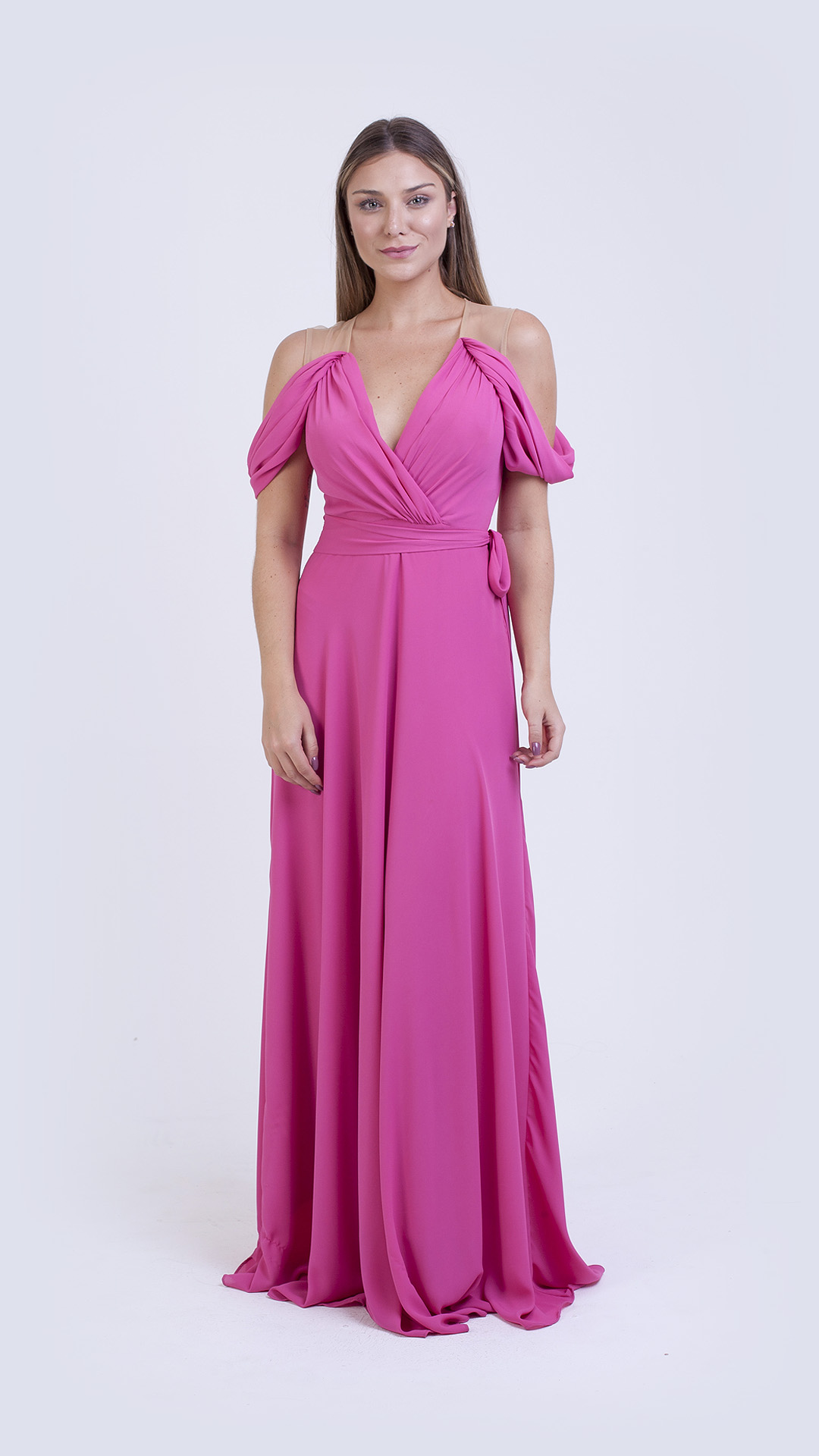 VESTIDO LONGO VOAL COM TULE E MANGA CIGANA